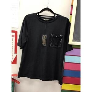 Diane Gilman short sleeve tshirt Large black super soft embellished pocket new